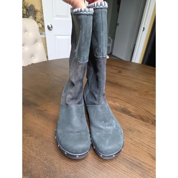 Womens Gray Leather & Suede Tall Boots With Studded Platform Heels - Picture 9 of 16